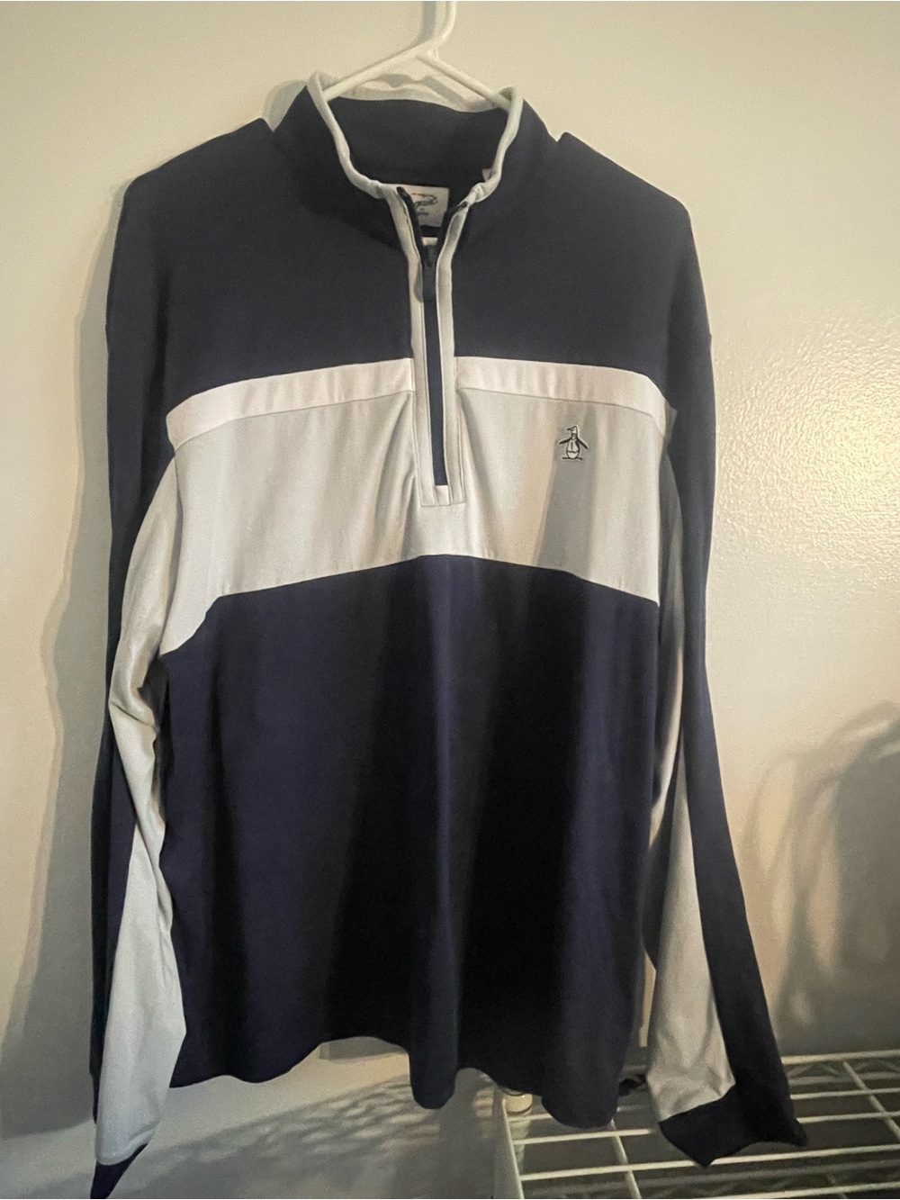 Original Penguin Navy and White Colorblock Quarter-Zip Pullover
